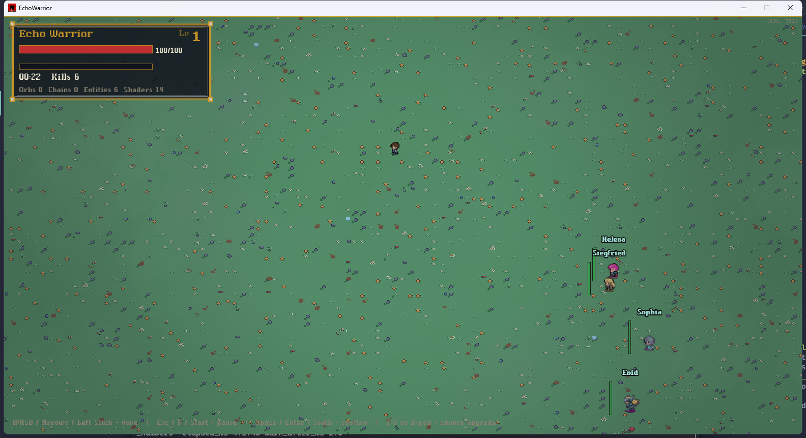 Main EchoWarrior prototype screen with HUD and companions