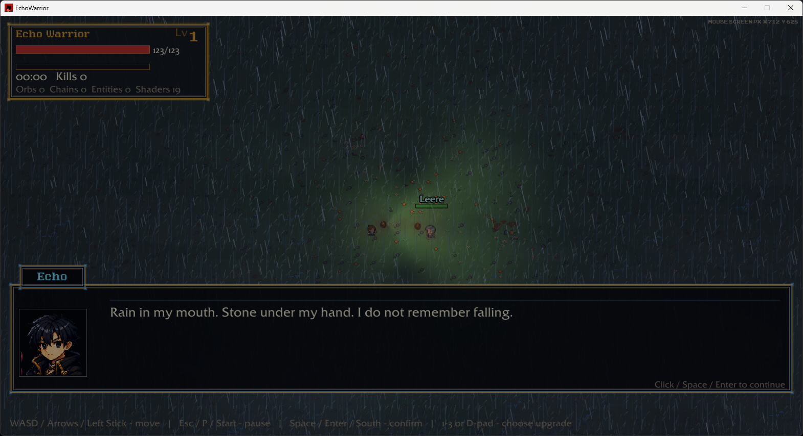 Dialogue scene with rain, HUD, and speaker portrait