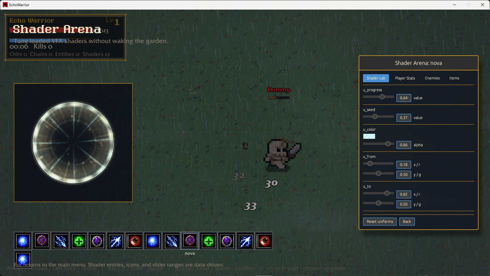 Shader arena with VFX tuning controls and runtime HUD