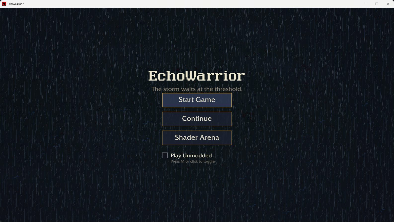 EchoWarrior start screen with rain and main menu